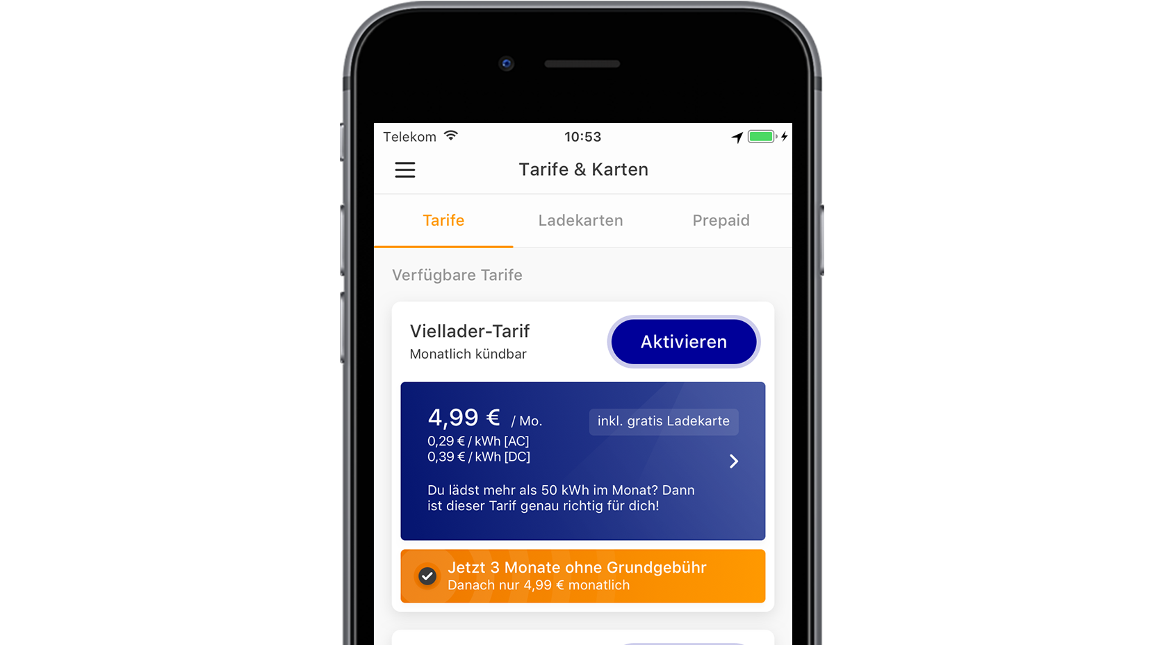 Handy mit Screen der EnBW mobility+ App: Tarifinformationen