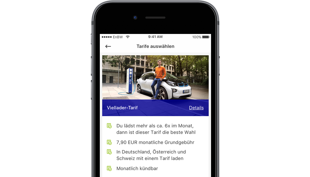 Handy mit Screen der EnBW mobility+ App: Tarifinformationen