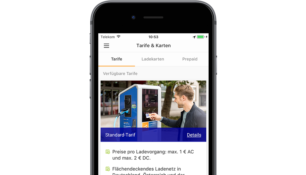 Handy mit Screen der EnBW mobility+ App: Tarifinformationen