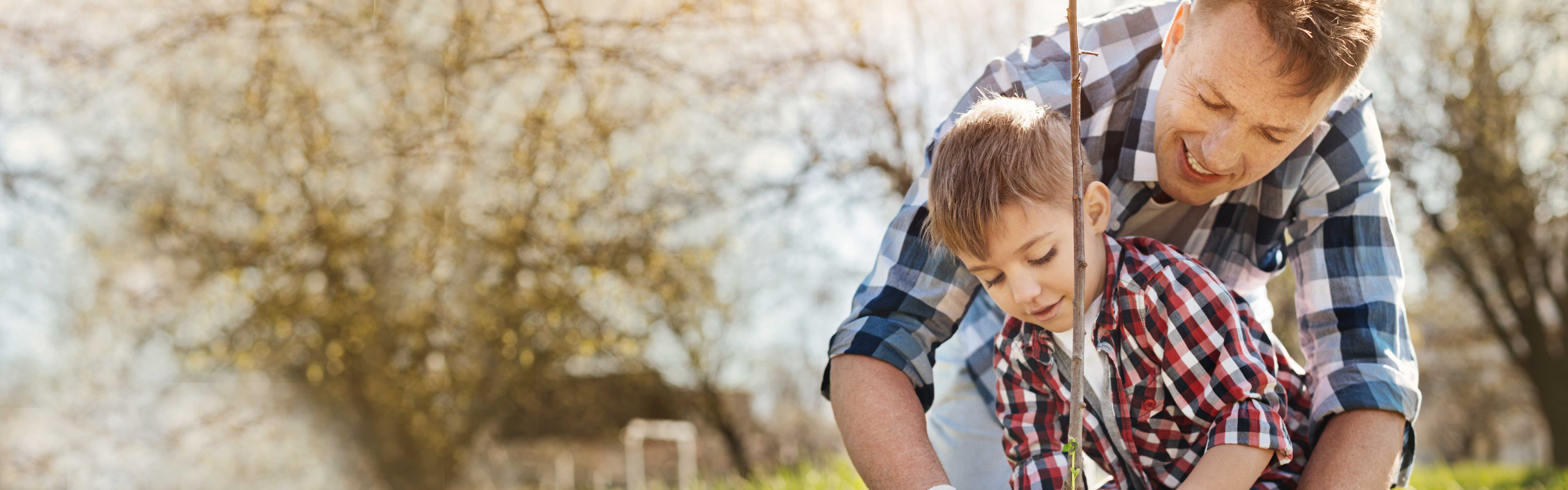 Sohn pflanz mit Vater Baum