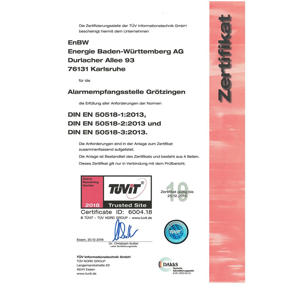 Zertifikat für die Alarmsempfangsstelle in Karlsruhe