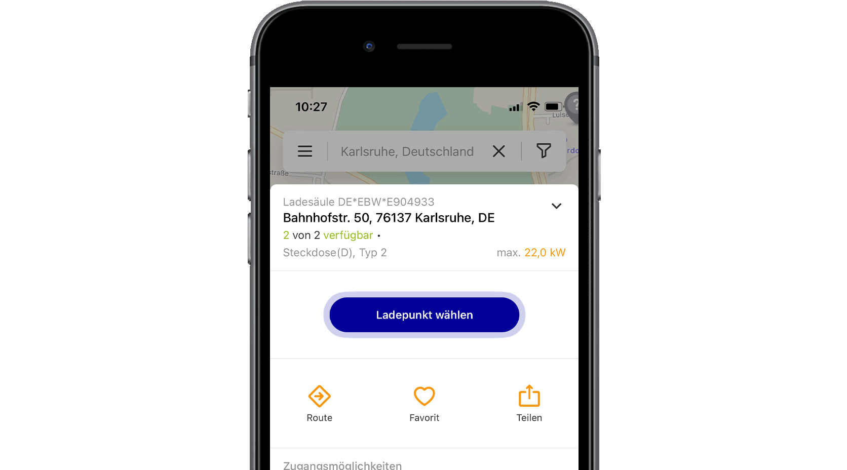 Handy mit Screen der EnBW mobility+ App: Funktion Ladestation finden