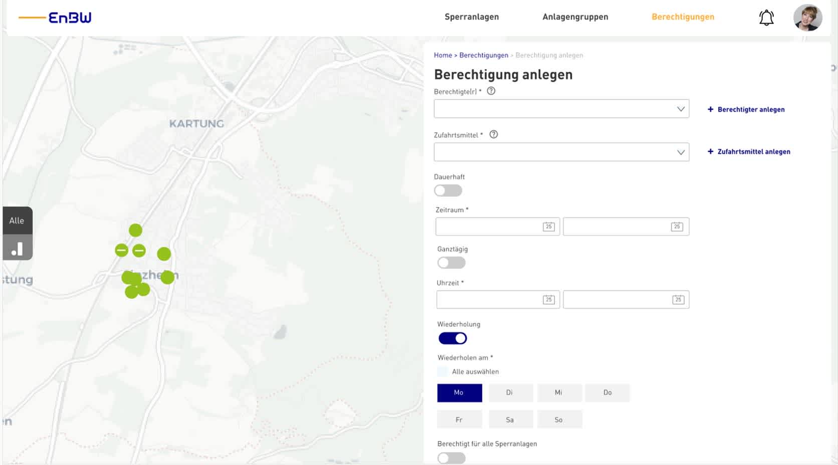 Kartenansicht mit Positionsübersicht vorhandener Sperranlagen der EnBW BarrierSystems