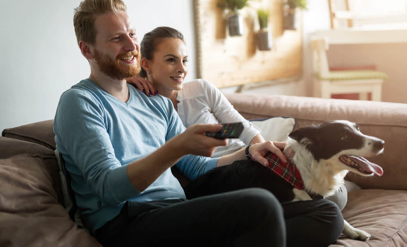 Frau, Hund und Mann mit Fernbedienung in der Hand vor dem Fernseher