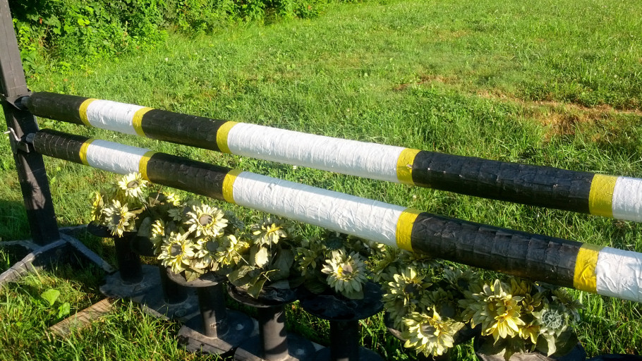 colorful black, white and yellow duct tape design ground poles for horse riding.