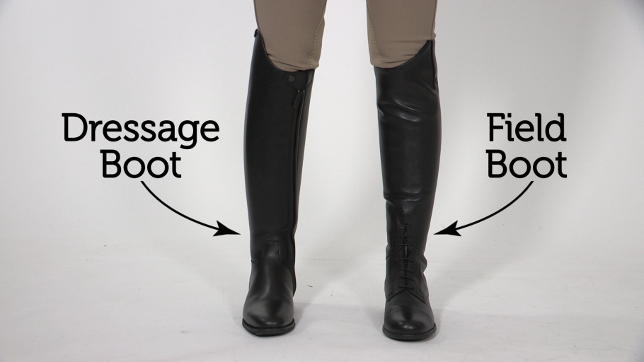 Rider wearing one dressage boot and one field boot for comparison purposes.