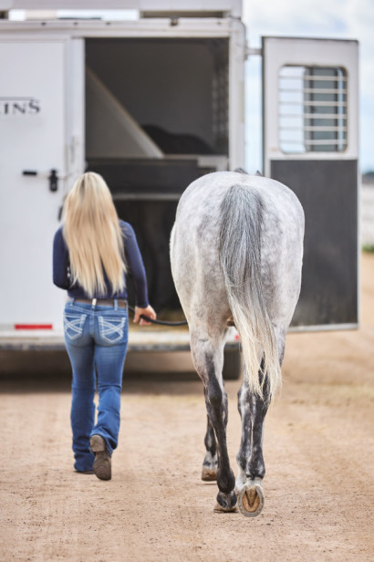 A woman leading a horse to a horse trailer