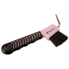 A pink hoof pick with brush.