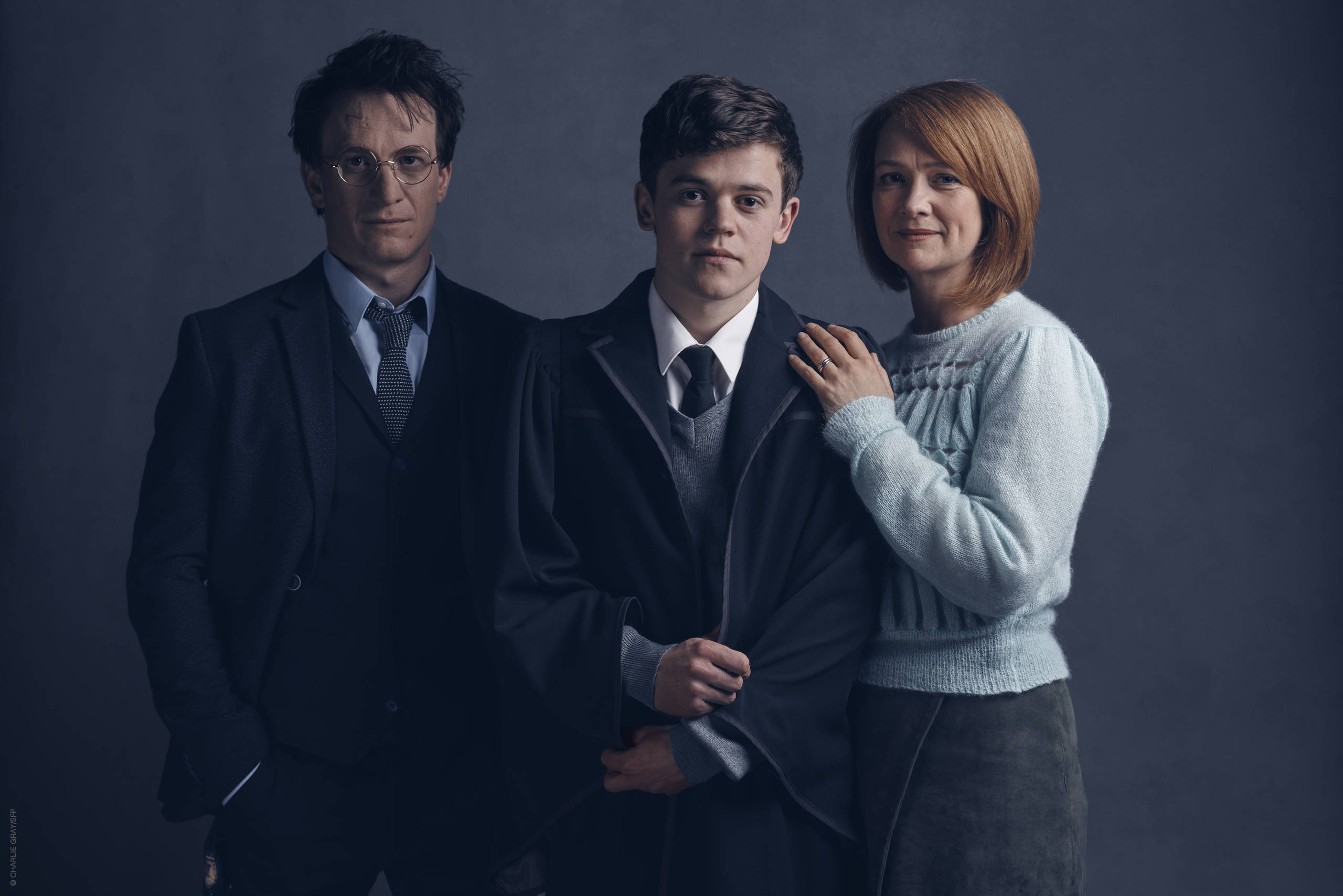 L-R, Jamie Parker as Harry Potter, Sam Clemmett as Albus Potter and Poppy Miller as Ginny Weasley