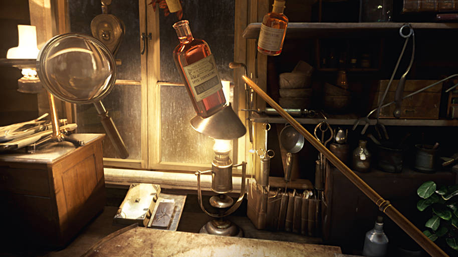 Screenshot of objects floating around Newt's workbench from the Fantastic Beasts and Where to Find Them VR game
