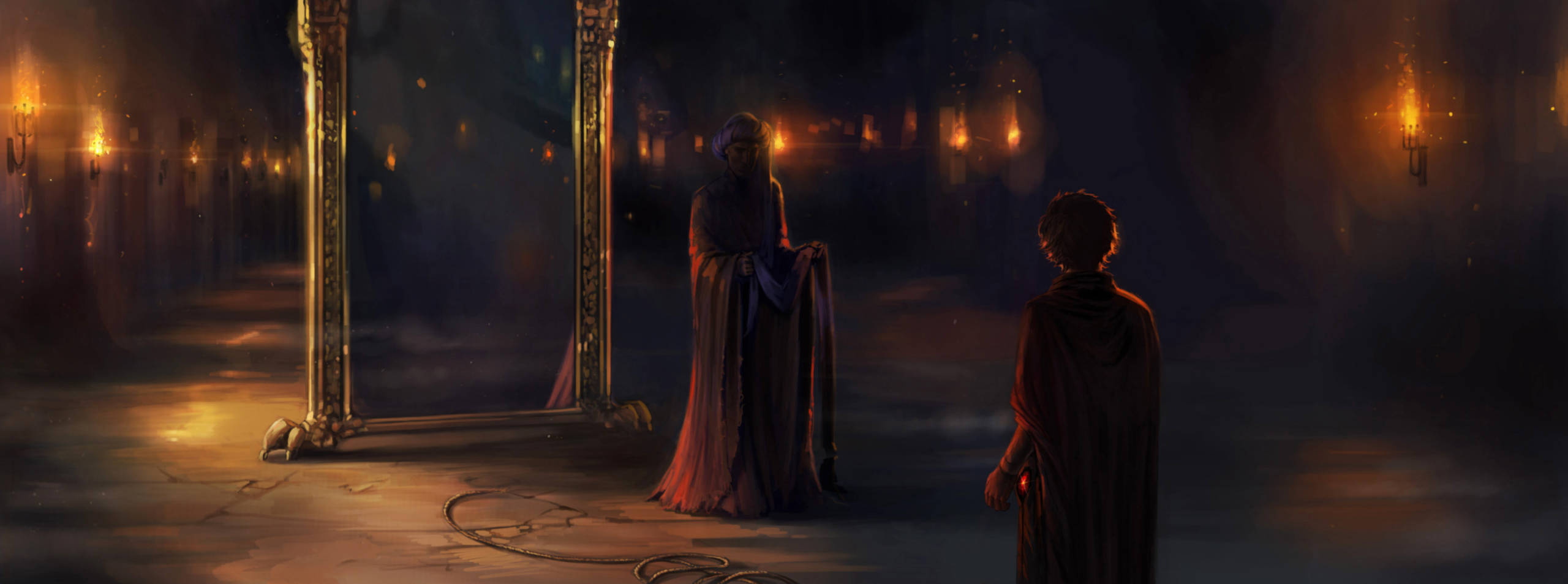 Quirrell and Harry in front of the Mirror of Erised.