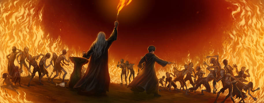 Dumbledore casts fire spell against the attacking Inferi in Horcrux Cave.