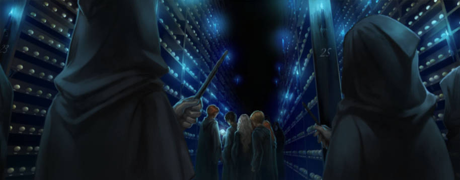 The Death Eaters attack Dumbledore's Army in the Hall of Prophecy.