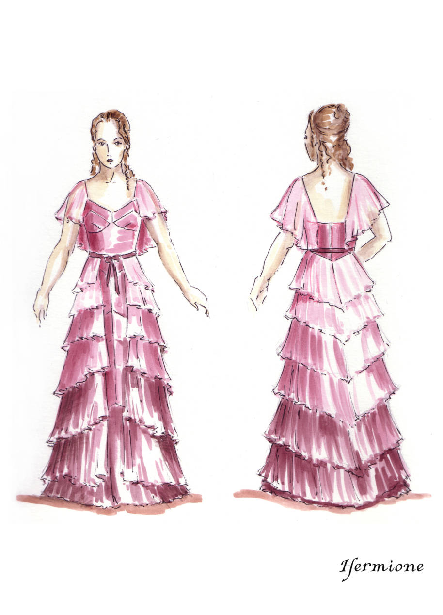 An illusration of Hermione in her Yule Ball dress 