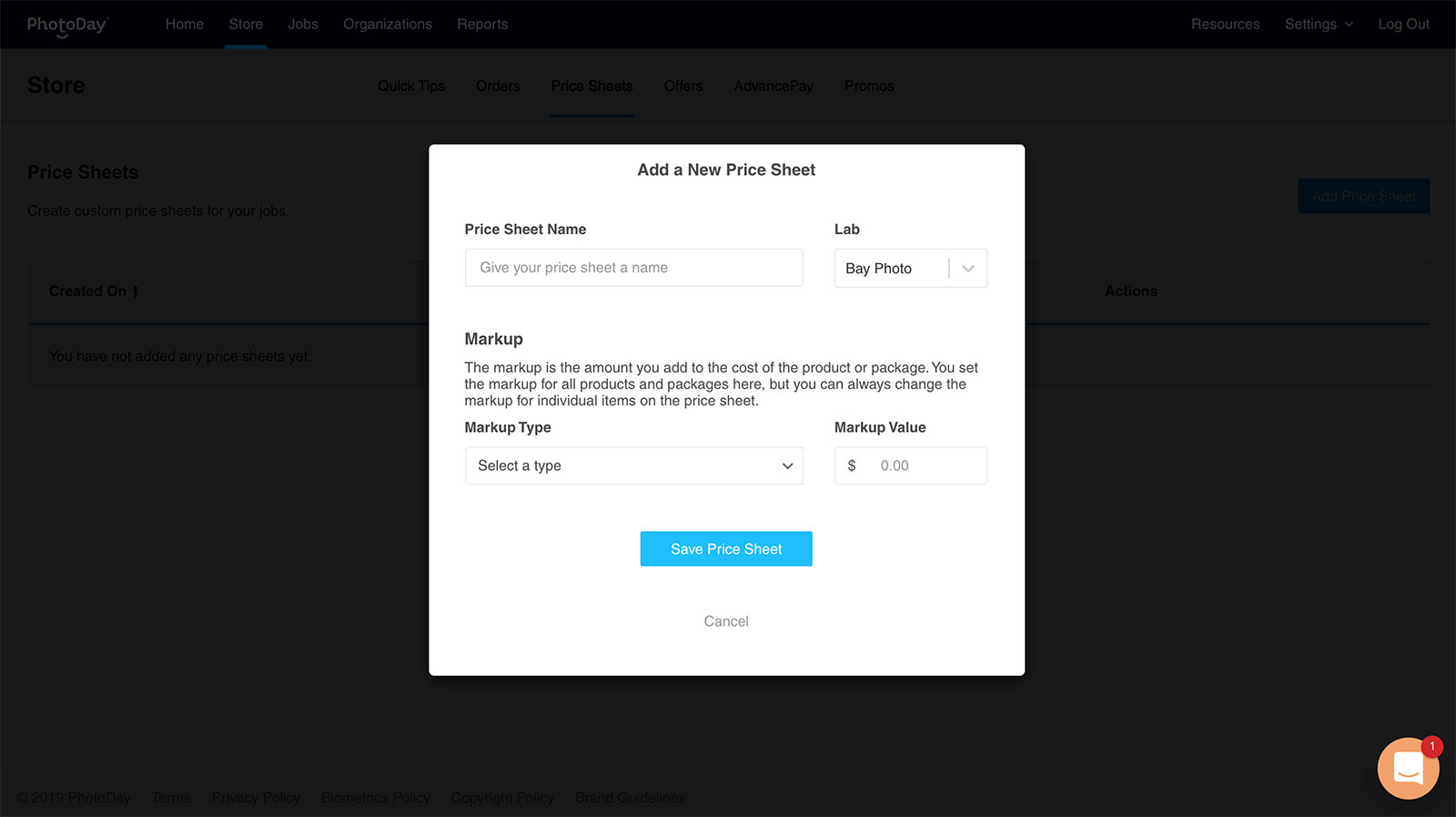 Store - Add Pricesheet
