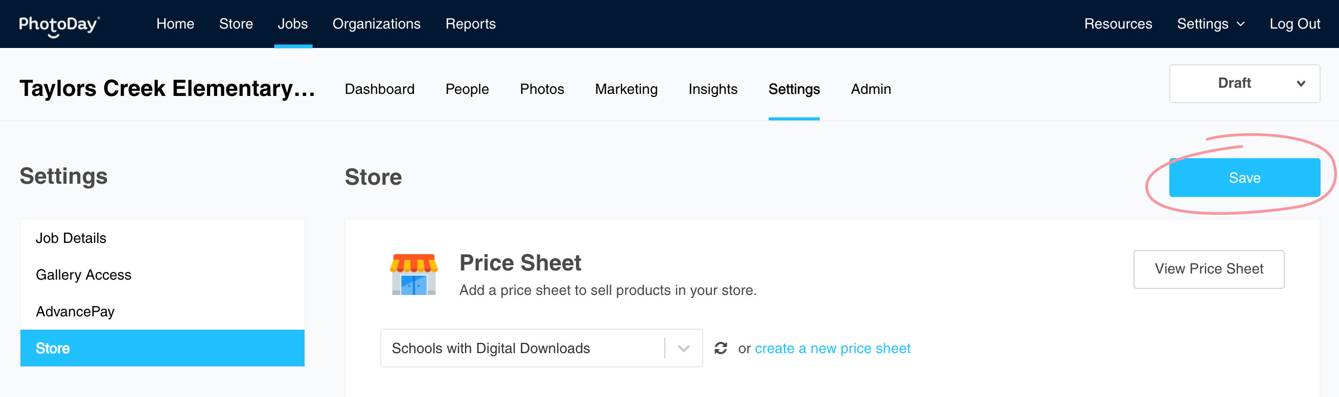 Jobs - Price sheet save
