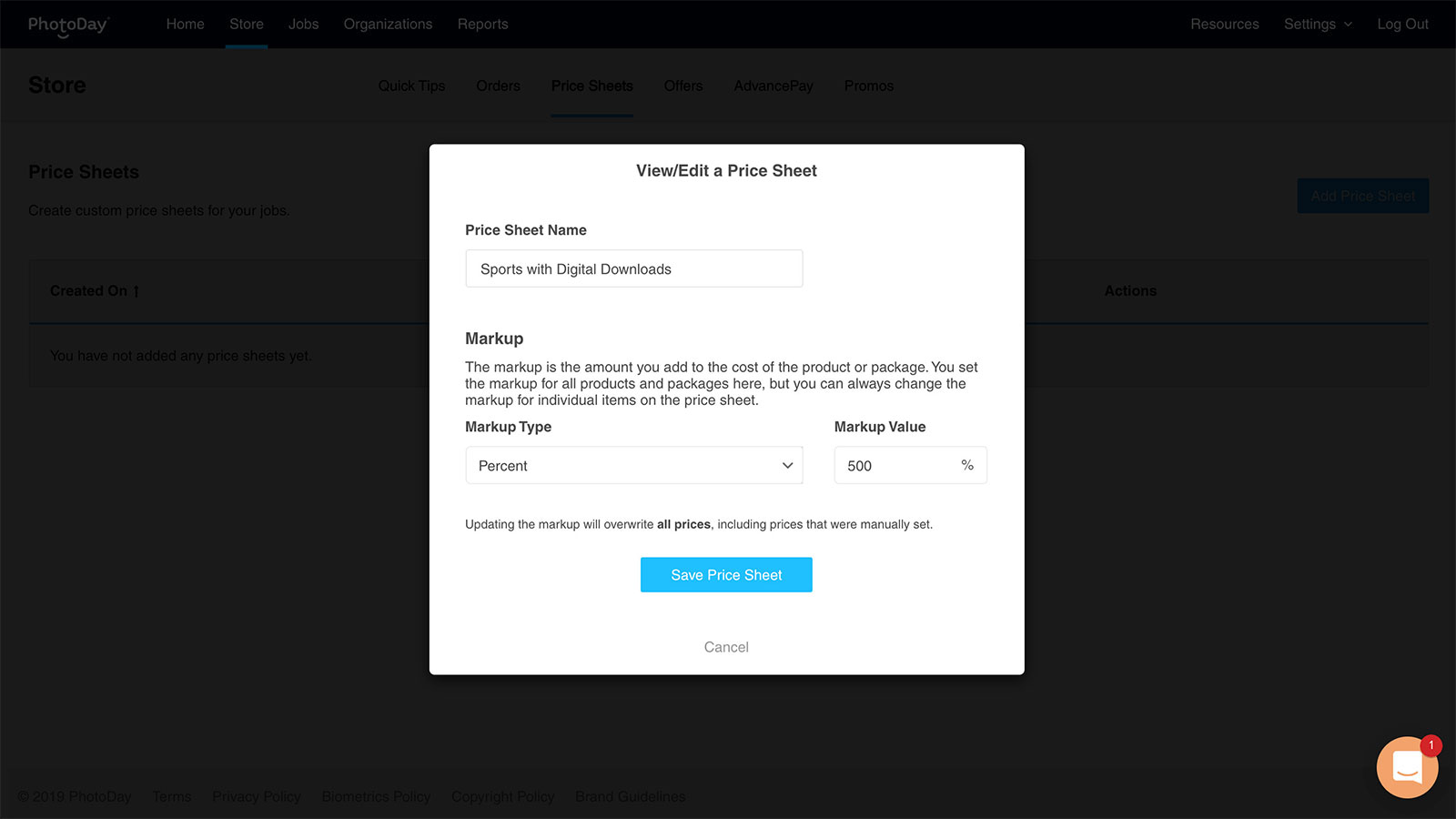 Store - New Pricesheet Modal Example