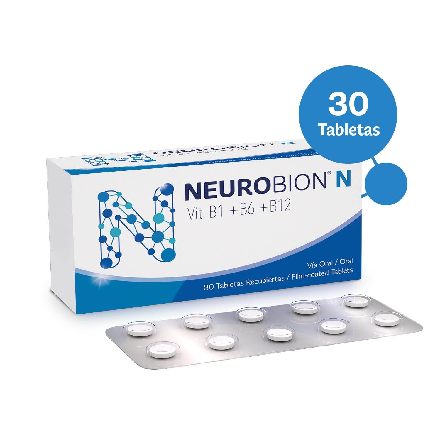 Paquete de Neurobion N con 30 tabletas recubiertas de B1, B6 y B12. Paquete de Neurobion N con 30 tabletas recubiertas de B1, B6 y B12.