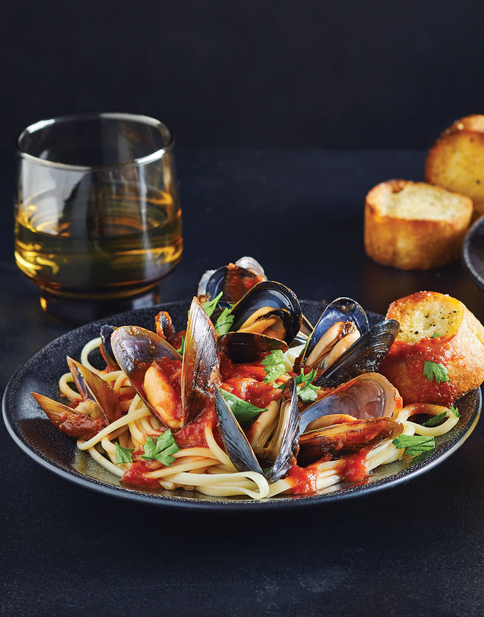 Mussels Fra Diavolo with linguine