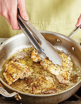 To get good browning on the chicken, don’t overcrowd the pan and sear the thighs in two batches.