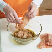 While the chicken marinates, prepare the ingredients for the bread-crumb topping and sauce. 