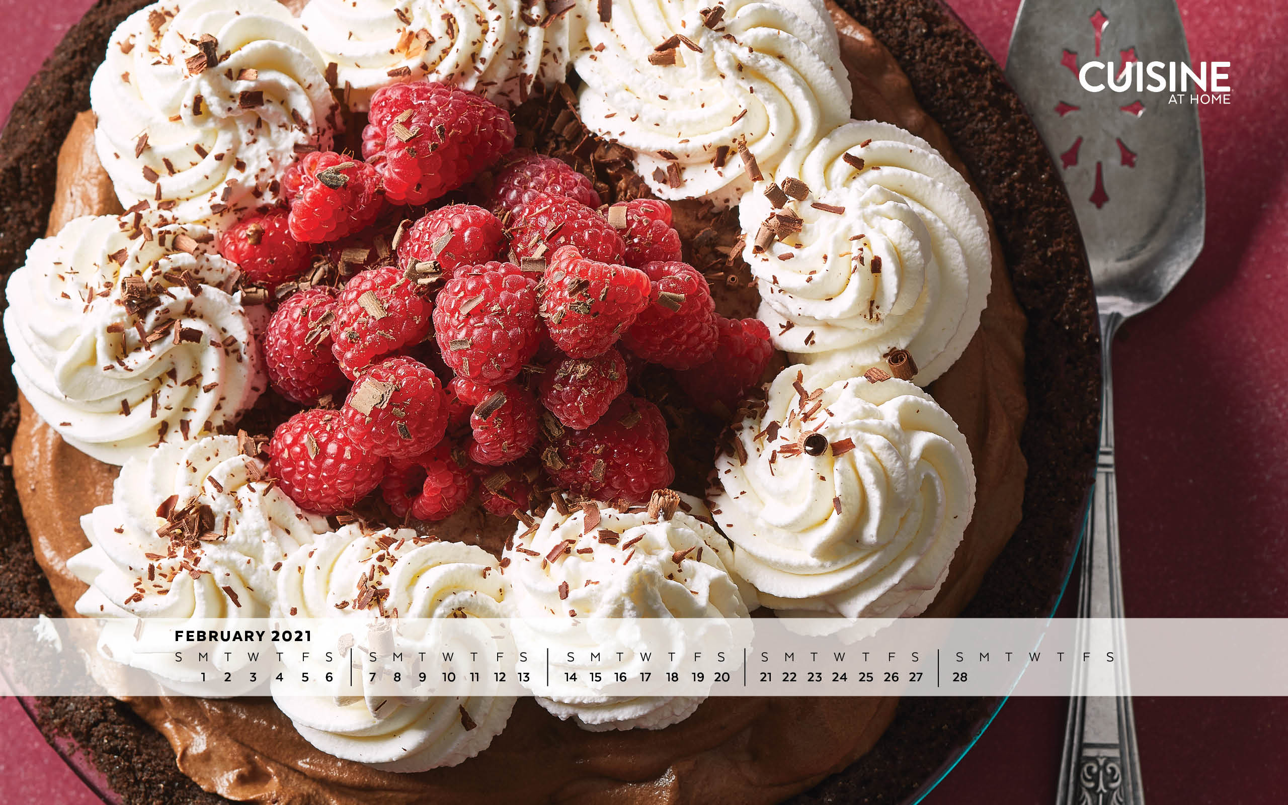 February Valentine's Day chocolate cream pie desktop wallpaper aesthetic with calendar from Cuisine at Home
