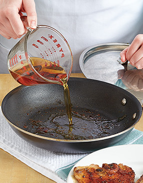Bourbon is a high-proof alcohol, so deglaze skillet off heat to prevent the sauce from igniting.