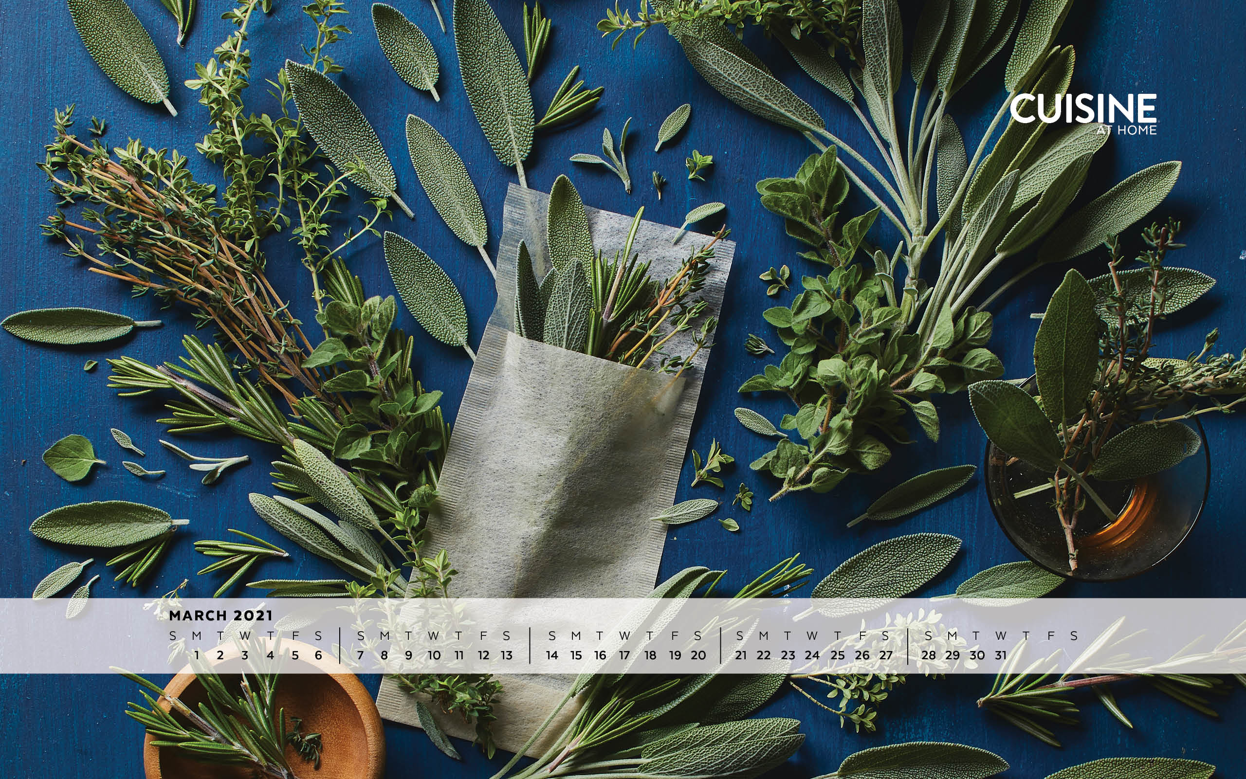March  aesthetic desktop wallpaper with calendar ft herbs green plants gardening cooking food tea for iPhone or Android from Cuisine at Home