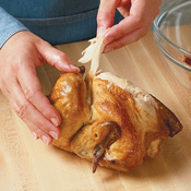 Pull the chicken off the bones in large pieces, discarding fat and skin; cut chicken into large chunks.