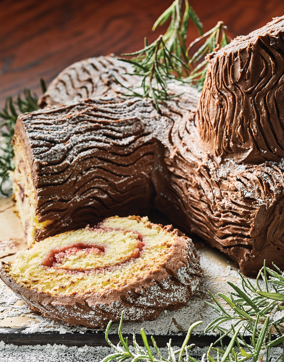 Almond-Raspberry Bûche de Noël (Yule Log Cake) with chocolate frosting ...