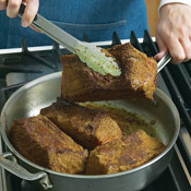 Searing the short ribs not only eliminates the rawness of the spices, it also adds flavor by way of caramelization.