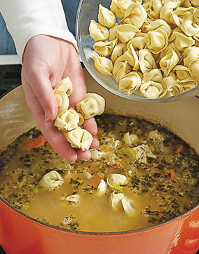 The tortellini will absorb a lot of the broth, so cook it in the soup just before you plan to serve it.