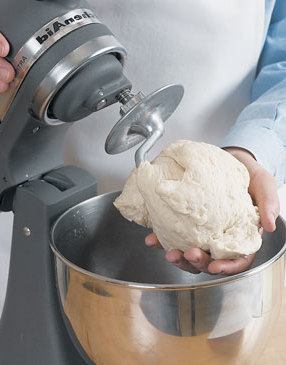 Knead dough on low speed for 10 minutes. The dough will climb up the hook when it’s ready.