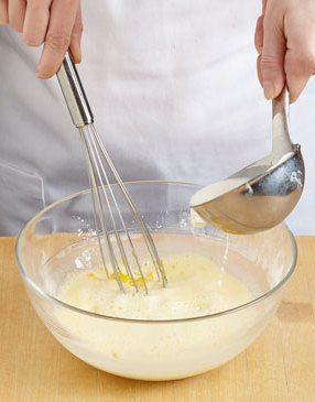 To prevent the eggs from curdling, drizzle the warm half-and-half into the egg mixture while whisking.