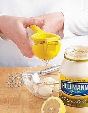 To create a creamy binder with Mediterranean flavor, enhance olive oil mayo with fresh lemon juice.