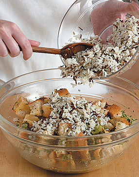 Use long-grain and wild rices in the dressing to give it both crunchy and creamy textures.