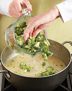 To ensure the broccoli is crisp-tender, add it to the soup in the last 5&ndash;7 minutes of simmering.