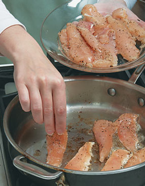 Saut&eacute; the chicken tenders in bacon drippings. For the best browning, cook chicken in batches.