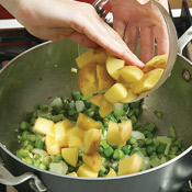 Potatoes are the thickening agent in this soup. Yukon golds are preferred, but white-skinned potatoes will work, too. 