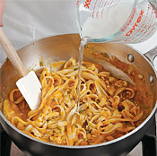 Use pasta water to loosen the sauce as needed, adding a little at a time, stirring constantly as it absorbs.