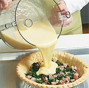 Arrange the spinach mixture in the prebaked crust; pour the egg mixture over it. Don't worry, all the filling will fit.