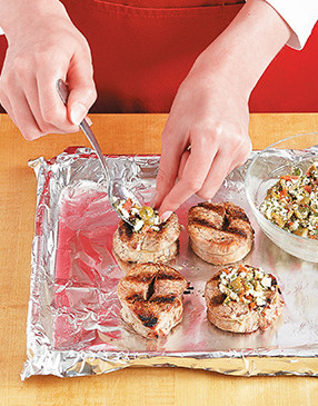 Grill medallions, slit sides down first, then flip and stuff with filling, allowing excess to sit on top.