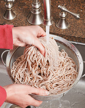 Rinse soba noodles after cooking to get rid of any residual starch, which will thicken the sauce too much.