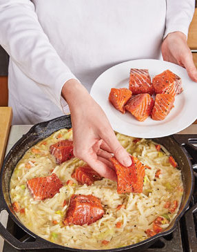 Add the salmon to the chowder just before it goes into the oven to ensure it won’t get overcooked and dry out.