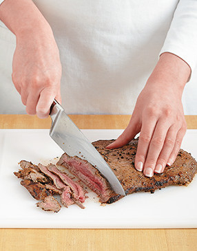 Thinly slice the meat against the grain to cut the long muscle fibers shorter, making it easier to chew.