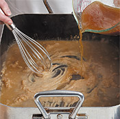 Whisk in stock, broth, and drippings off heat to prevent lumps, then return to stove top to thicken.