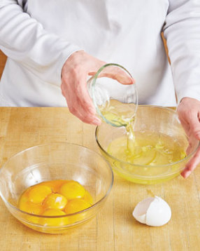 So no yolks get into the whites, separate the eggs over an empty bowl; transfer both to other bowls.