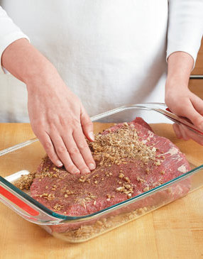 Rub the brisket with the cure in a nonreactive pan to prevent it from picking up a metallic taste.