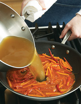Stir vinegar mixture into stir-fried vegetables and cook until thickened. Add broth and simmer briefly.
