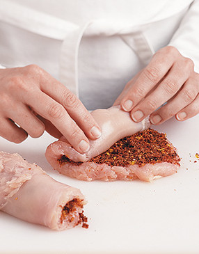 Roll up chicken to enclose filling, starting at one short end. Use toothpicks to secure roulades.